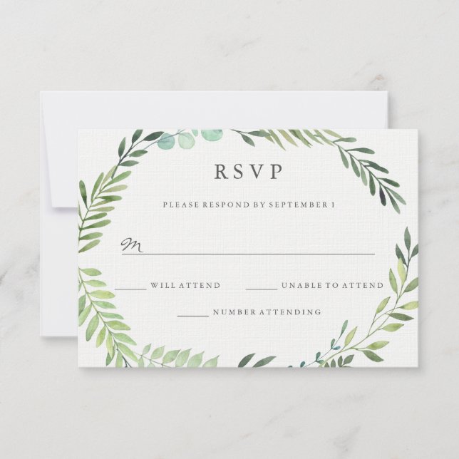 Watercolor Green Leaf Wreath Wedding RSVP Karte (Vorderseite)
