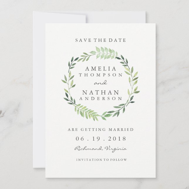 Watercolor Green Leaf Wreath Wedding Save the Date (Vorderseite)
