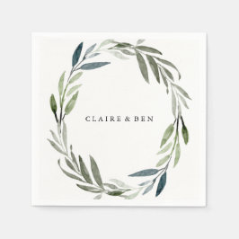 Watercolor Green Leaf Wreath Wedkin Napkin Serviette