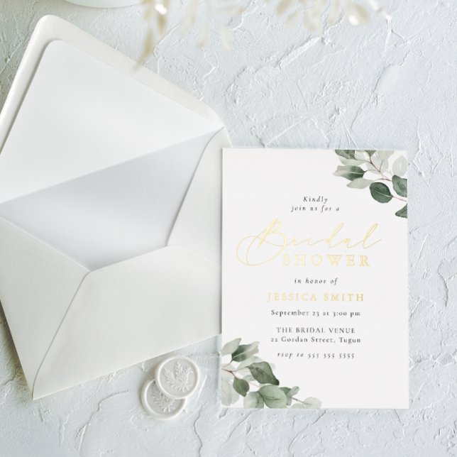 Watercolor Green Leaves Bridal Shower Gold Folieneinladung (Von Creator hochgeladen)