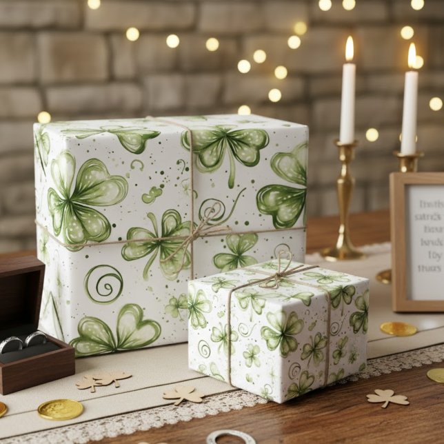 Watercolor Green Shamrocks Three Leaf Clovers Geschenkpapier (Von Creator hochgeladen)