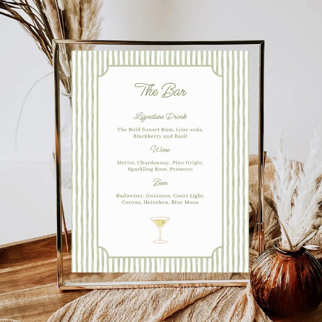 Watercolor Green Stripes Wedding Shower Bar Menu Poster (Von Creator hochgeladen)