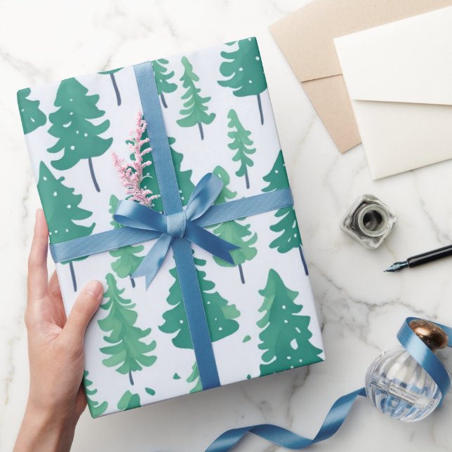 Watercolor Green Trees Weihnachtsmuster Geschenkpapier (Schenken)
