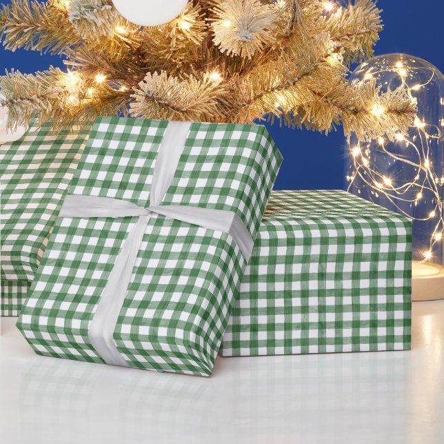 Watercolor Green & White Gingham Geschenkpapier (Feiertage)