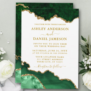 Watercolor Green White Gold Marble Geode Wedding Einladung
