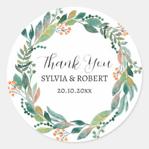 Watercolor Green Wreath Wedding Vielen Dank für Ih Runder Aufkleber