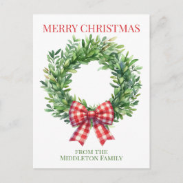 Watercolor Green Wreath With Red Gingham Bow Postkarte