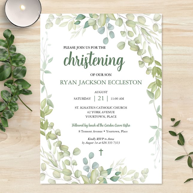 Watercolor Greenerity Christening Baby Einladung (Watercolor Greenery Christening Baby Invitation)