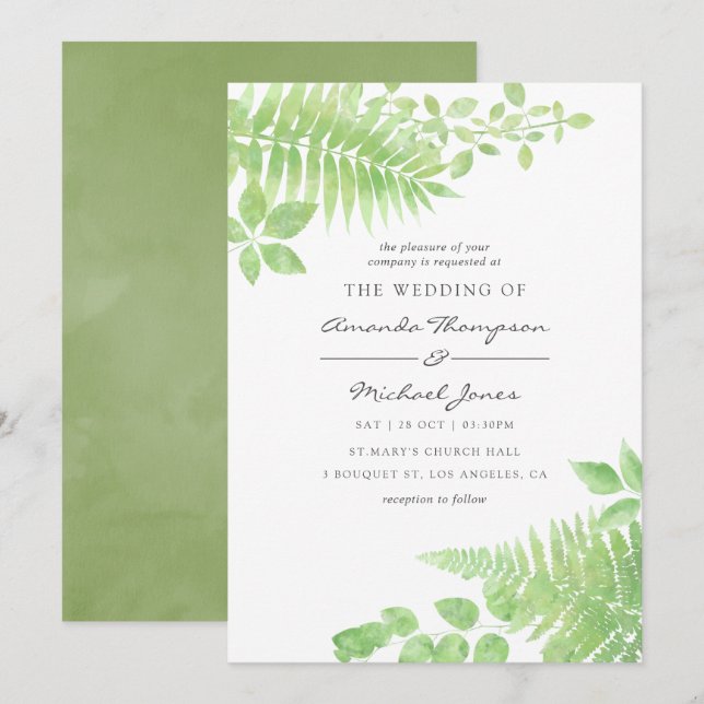 Watercolor Greenerity Foliage Hochzeit Einladung (Vorne/Hinten)