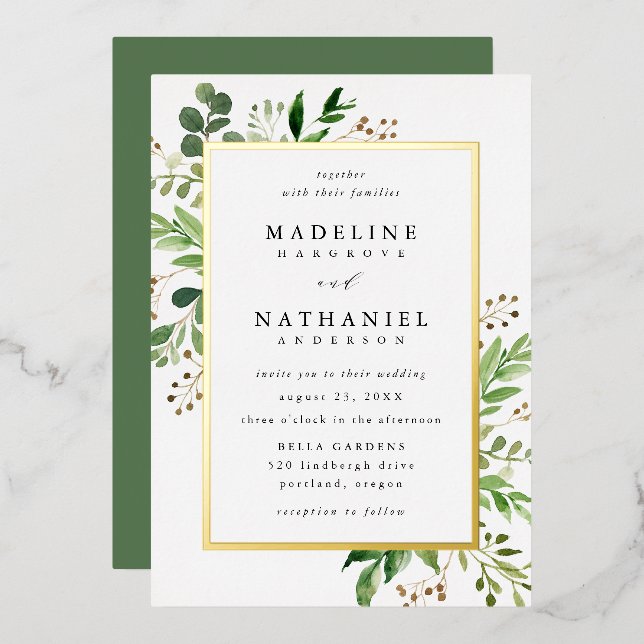 Watercolor Greenerity Frame Wedding Folieneinladung (Vorderseite/Rückseite)