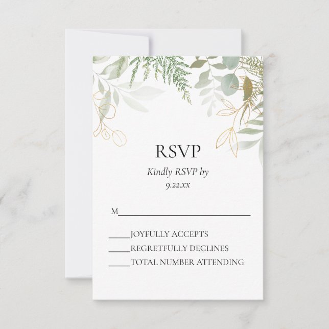 Watercolor Greenerity Gold Wedding RSVP Card (Vorderseite)