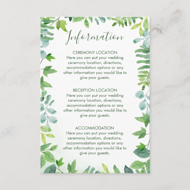 Watercolor Greenerity Hochzeitsinformationskarten Begleitkarte (Vorderseite)