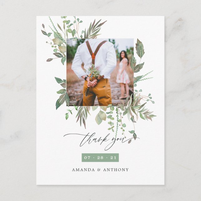 Watercolor Greenerity Wedding Foto Vielen Dank Postkarte (Vorderseite)