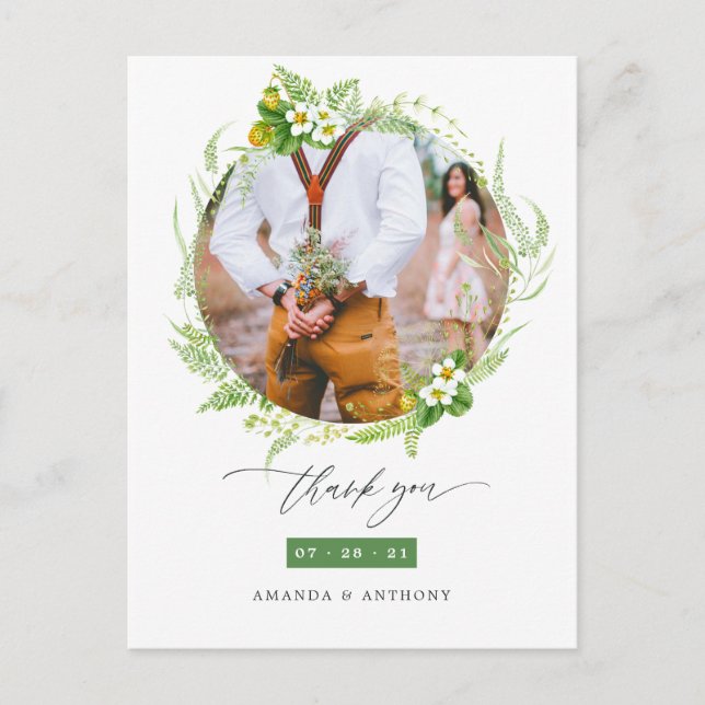 Watercolor Greenerity Wedding Foto Vielen Dank Postkarte (Vorderseite)