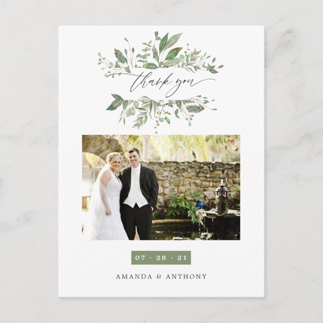 Watercolor Greenerity Wedding Foto Vielen Dank Postkarte (Vorderseite)