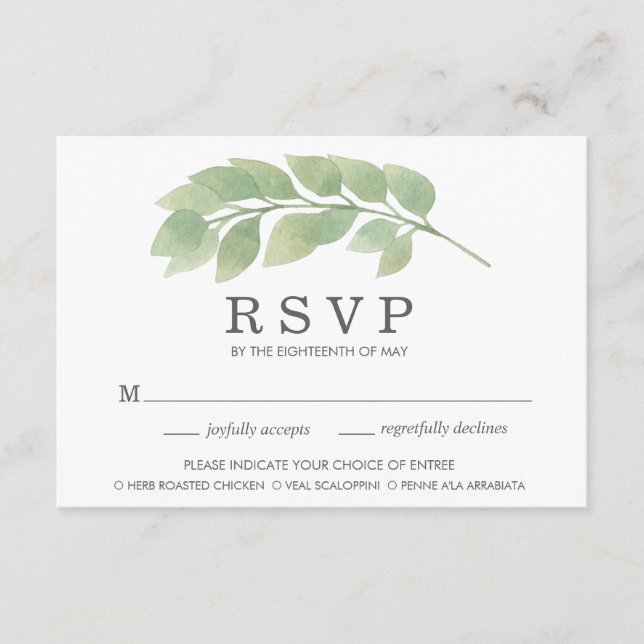 Watercolor Greenerity Wedding Meal Choice RSVP Kar (Vorderseite)