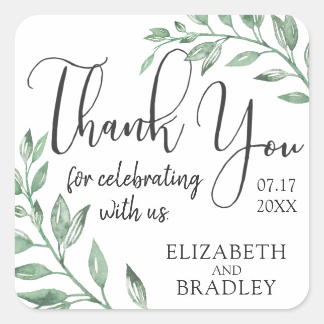 Watercolor Greenerity Wedding Vielen Dank Quadratischer Aufkleber (Vorderseite)