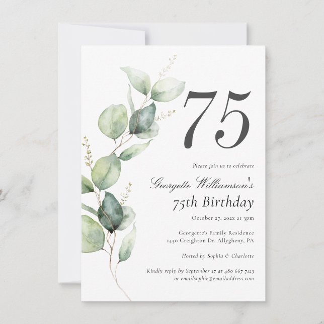 Watercolor Greenery 75th Birthday Script Einladung (Vorderseite)