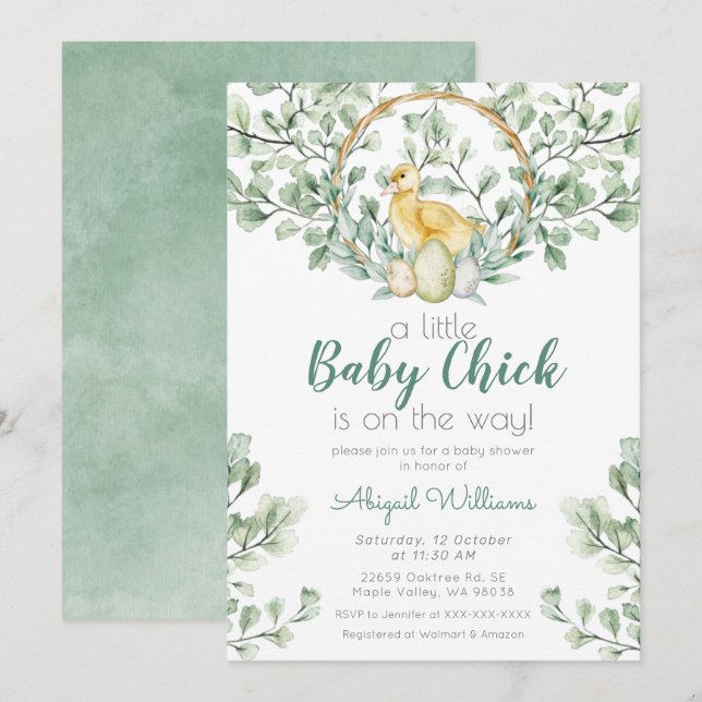 Watercolor Greenery Baby Chick Baby Shower Einladung (Vorne/Hinten)