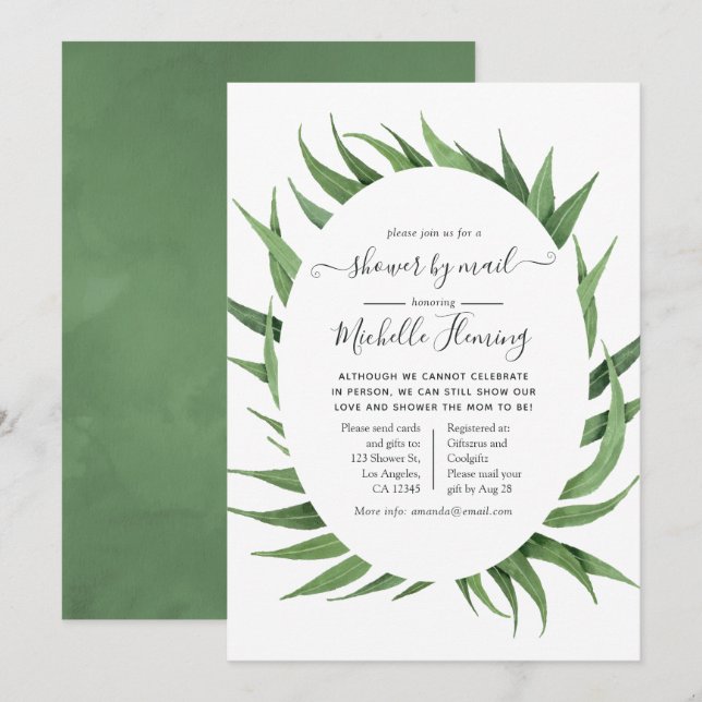 Watercolor Greenery Baby Shower by Mail Einladung (Vorne/Hinten)
