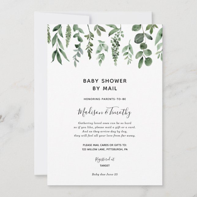Watercolor Greenery Baby Shower by Mail Einladung (Vorderseite)