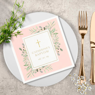 Watercolor Greenery Baptism Christening Blush Pink Serviette