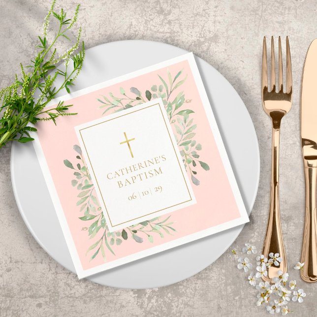 Watercolor Greenery Baptism Christening Blush Pink Serviette (Von Creator hochgeladen)