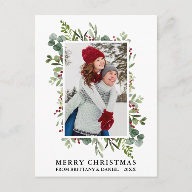 Watercolor Greenery Berries Couple Christmas Postkarte (Vorderseite)