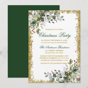 Watercolor Greenery Berries Gold Glitzer Weihnacht Einladung