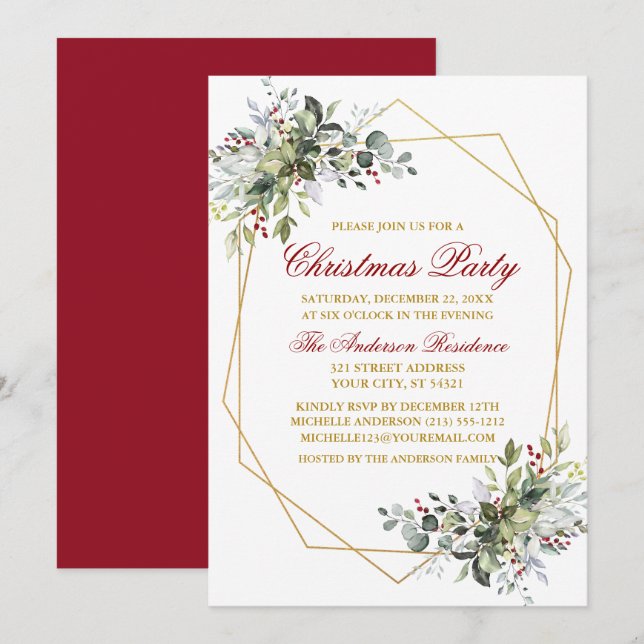 Watercolor Greenery Berries Weihnachten Rotes Gold Einladung (Vorne/Hinten)