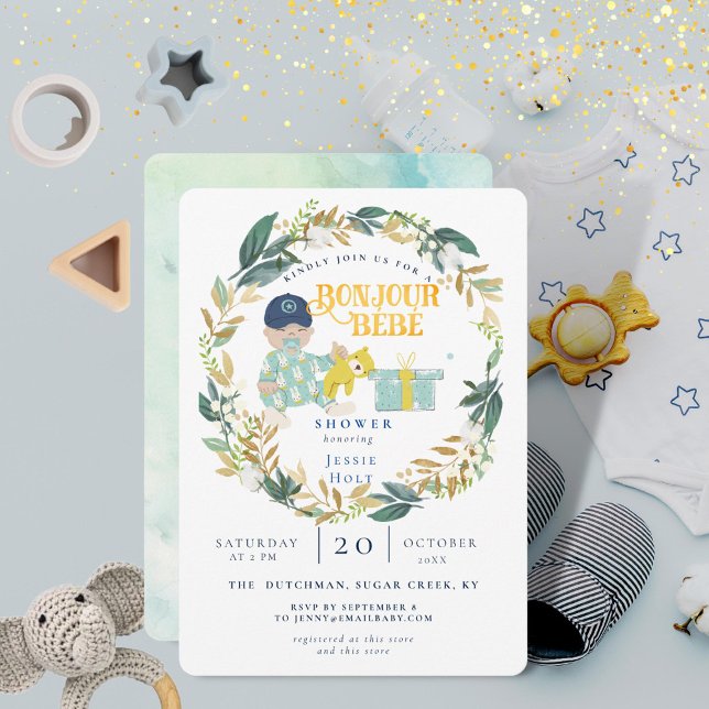 Watercolor Greenery Bonjour Boy Baby Shower Einladung (Cute Baby Boy Shower with 'Bonjour Baby' theme. Baseball cap and foliage wreath details.)