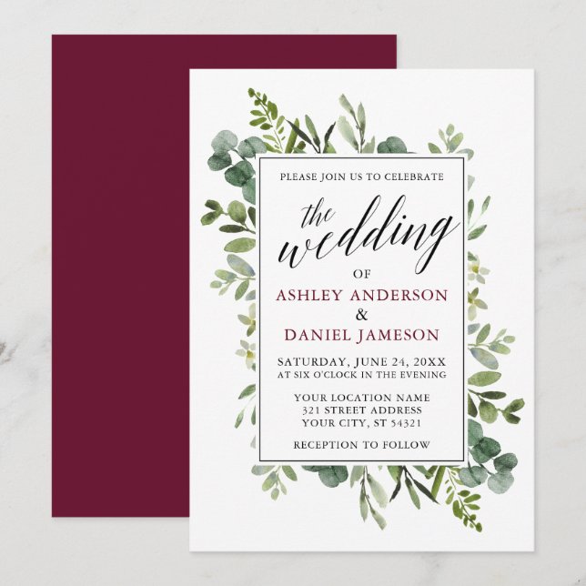 Watercolor Greenery Calligraphy Burgundy Wedding Einladung (Vorne/Hinten)