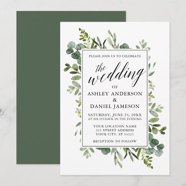 Watercolor Greenery Calligraphy Sage Wedding Einladung (Vorne/Hinten)