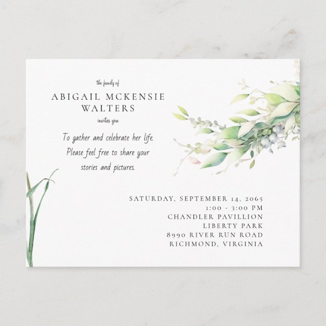 Watercolor Greenery Celebration of Life Postkarte (Vorderseite)