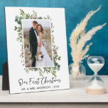 Watercolor Greenery Christmas Berries Fotoplatte<br><div class="desc">Modern Minimalist Elegance Calligraphy Ink Pen Handwritten Script Our Christmas Newlywed Wedding Foto Number inklusive Elegant Watercolor Greenery,  Eucalyptus Leaves & Holly Berries.</div>