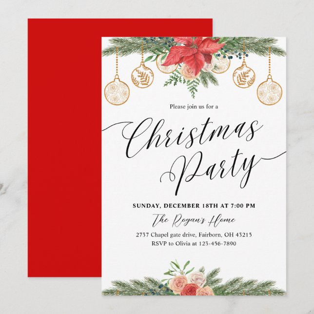 Watercolor Greenery Christmas Party  Einladung (Vorne/Hinten)