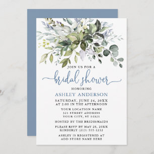 Watercolor Greenery Dusty Blue Script Dusche Einladung
