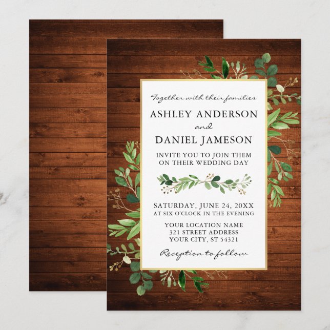 Watercolor Greenery Eucalyptus Wood Wedding Einladung (Vorne/Hinten)
