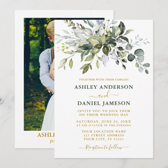 Watercolor Greenery Foto Wedding Gold Green Einladung (Vorne/Hinten)