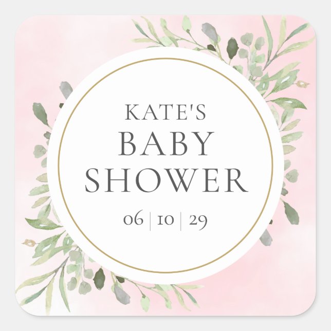 Watercolor Greenery Girl Pink Babydusche Quadratischer Aufkleber (Vorderseite)