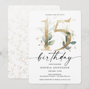 Watercolor Greenery Gold 15. Geburtstagsparty Einladung