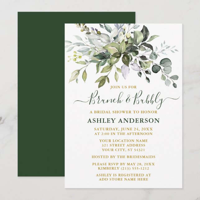 Watercolor Greenery Gold Bridal Brunch Bubbly Einladung (Vorne/Hinten)