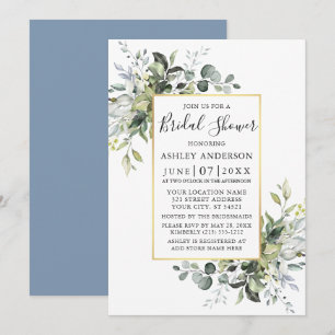 Watercolor Greenery Gold Dusty Blue Dusche Einladung