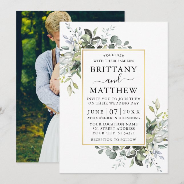 Watercolor Greenery Gold Frame Foto Hochzeit Einladung (Vorne/Hinten)