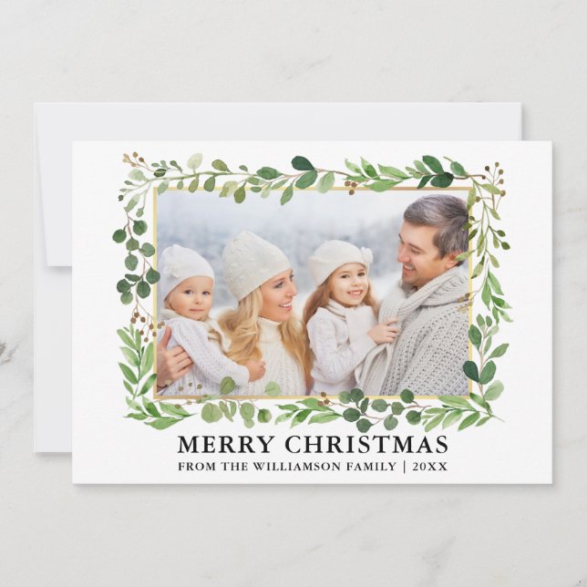 Watercolor Greenery Gold Frame Foto Weihnachten (Vorderseite)