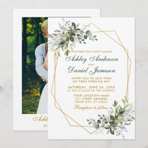 Watercolor Greenery Gold Geo Frame Foto Hochzeit Einladung