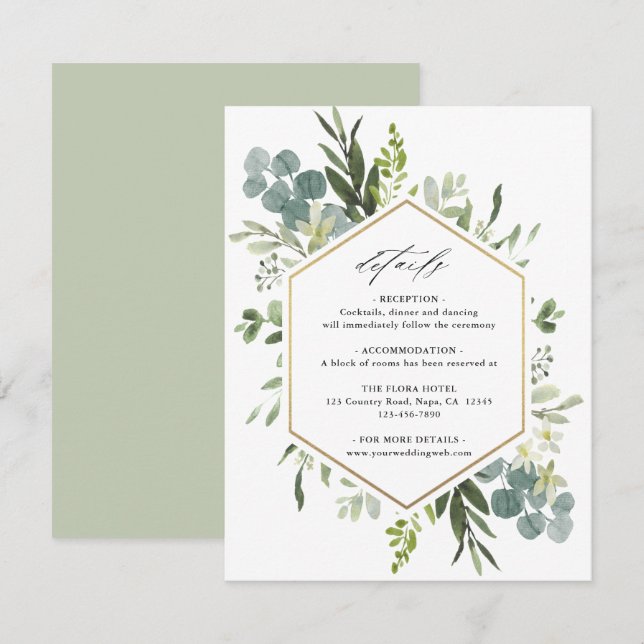 Watercolor Greenery Gold Hexagon Hochzeitsdetails Begleitkarte (Vorne/Hinten)