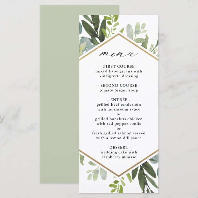 Watercolor Greenery Gold Hexagon Wedding Menükarte (Vorne/Hinten)