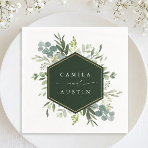 Watercolor Greenery Gold Hexagon Wedding Napkins Serviette