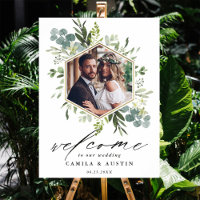 Watercolor Greenery Gold Hexagon Wedding Sign